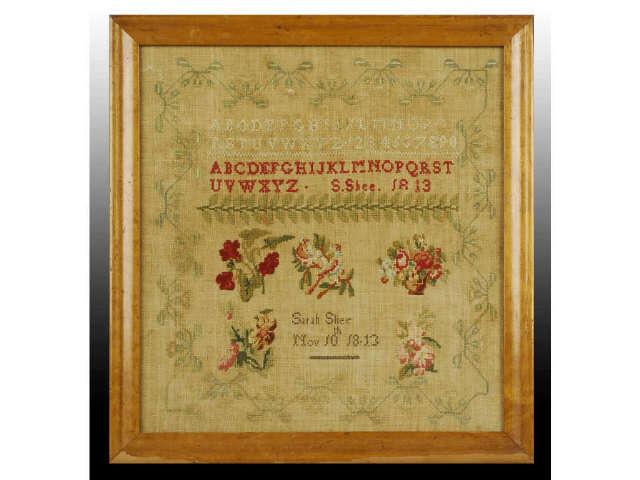 Appraisal: Sarah Shee Alphabet Floral Sampler Description November American Silk and