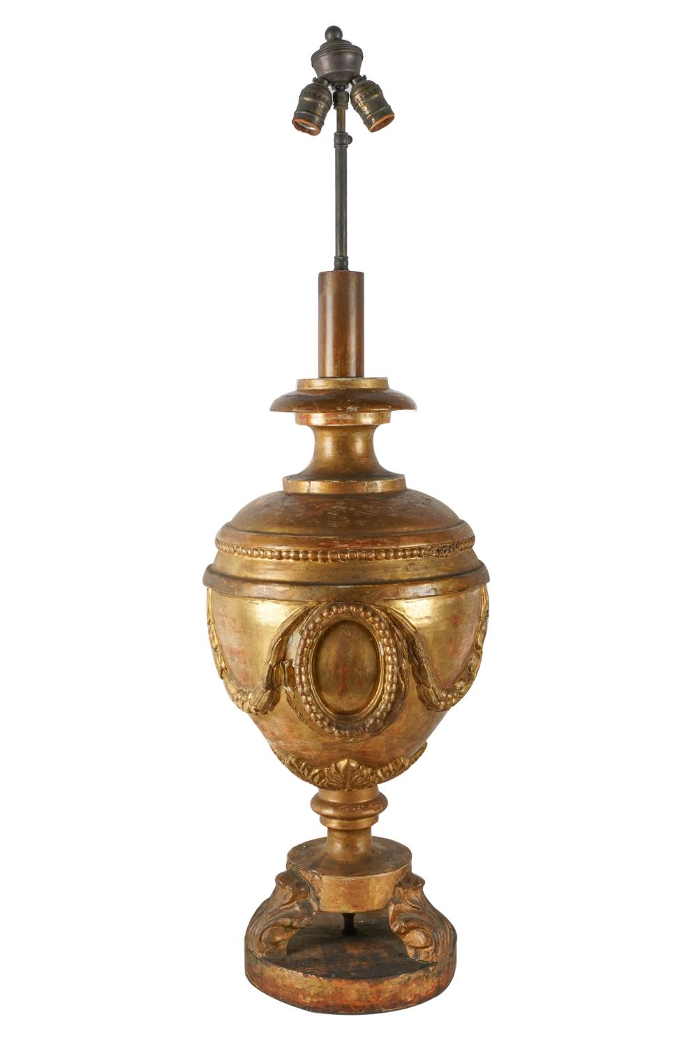 Appraisal: NEOCLASSIC GILT WOOD URNmounted as a lamp with a painted