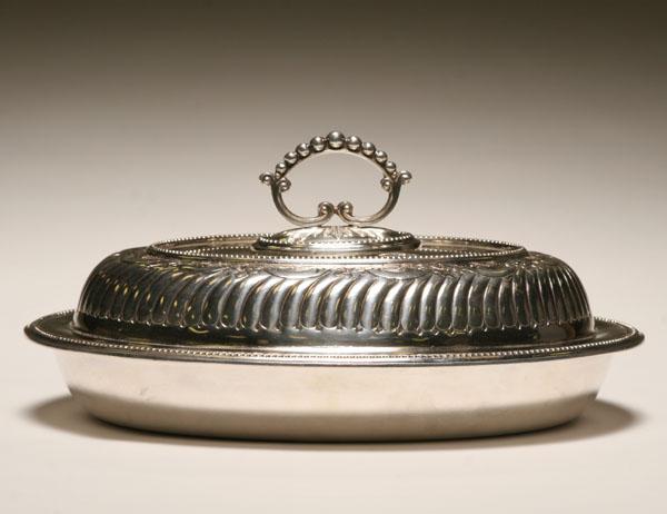 Appraisal: Early Sheffield silver oval covered dish with a divided interior