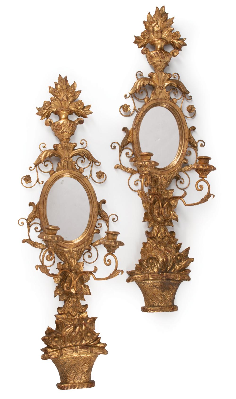 Appraisal: Pair of Antique Italian Carved Giltwood Two-Light Girandole Mirrors flowering