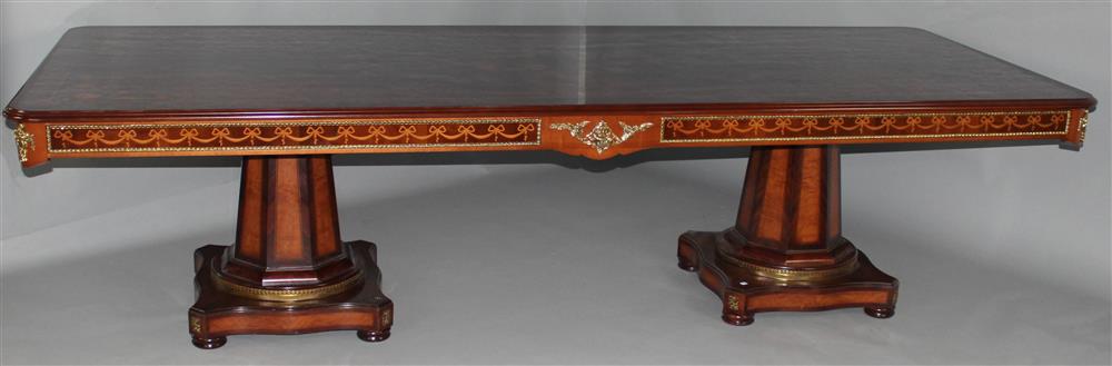 Appraisal: CUSTOM INLAID MIXED-WOOD AND BRASS MOUNTED DOUBLE PEDESTAL DINING TABLE