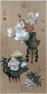 Appraisal: JAPANESE WATERCOLOR SCROLL JAPANESE WATERCOLOR SCROLL H L Depicting flowers