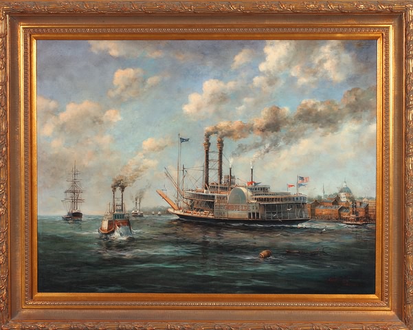 Appraisal: St Louis shoreline with steamboat Robt E Lee oil on