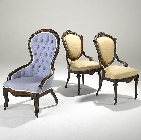 Appraisal: THREE VICTORIAN CHAIRS Walnut frames with upholstered seats and backs