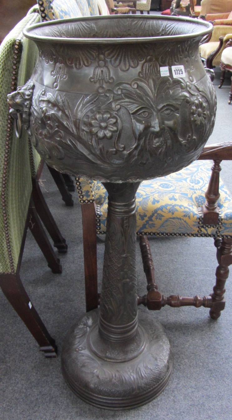 Appraisal: A patinated sheet brass jardiniere on stand late th century