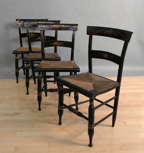 Appraisal: Set of four painted rush seat chairs