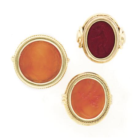 Appraisal: Three Gold and Carnelian and Jasper Intaglio Rings Estimate -