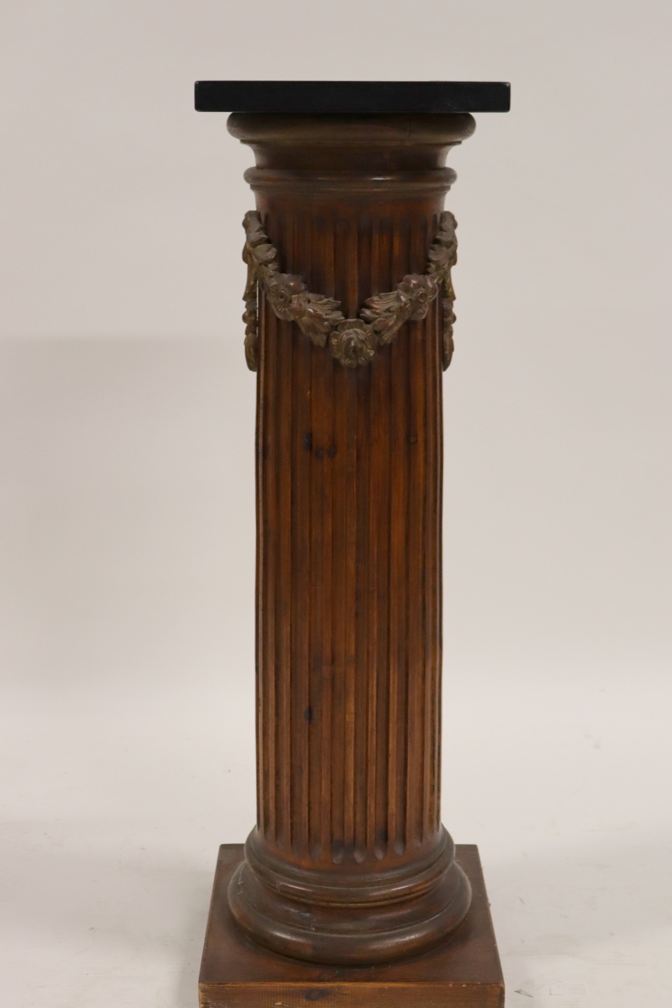 Appraisal: ANTIQUE CARVED FLUTED WOOD PEDESTAL Fluted ebonized top and carved