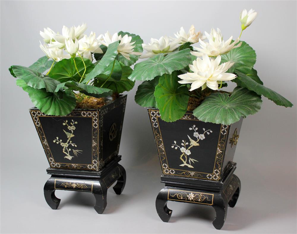 Appraisal: PAIR OF CHINESE LACQUER PLANTERS ON STANDS MODERN with flaring