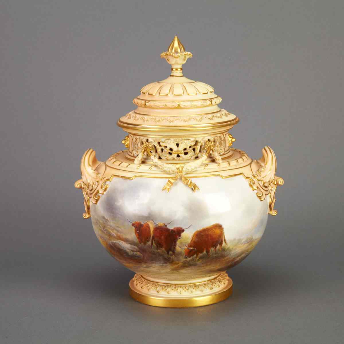 Appraisal: Royal Worcester Highland Cattle Potpourri Vase and Cover John Stinton