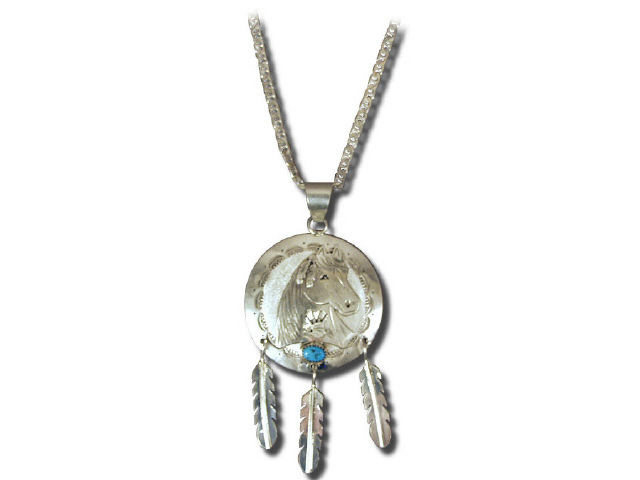 Appraisal: Navajo round horse drop pendant accented with turquoise and feather