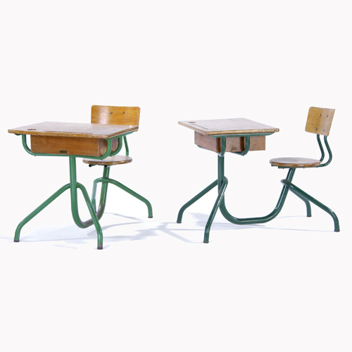 Appraisal: JEAN PROUVE Pair of pine students' desks on green enameled