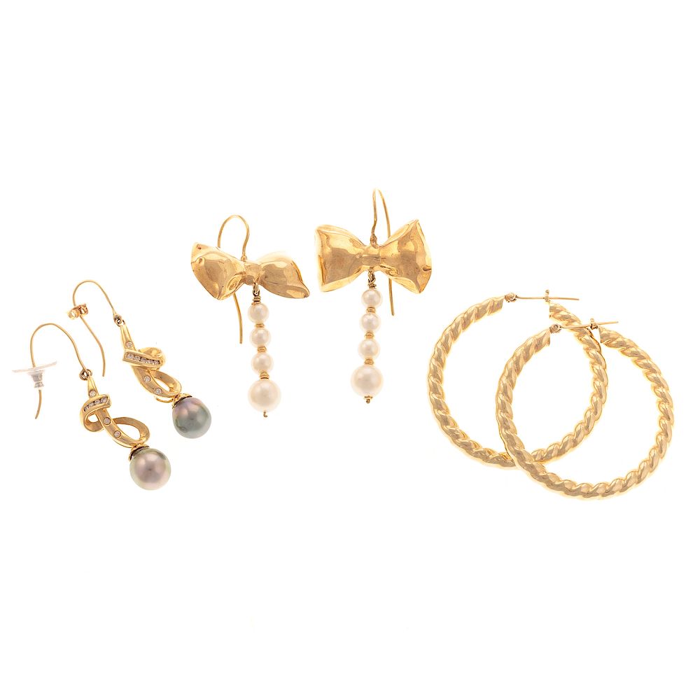 Appraisal: A Trio of Ladies Gold Pearl Earrings in Gold K