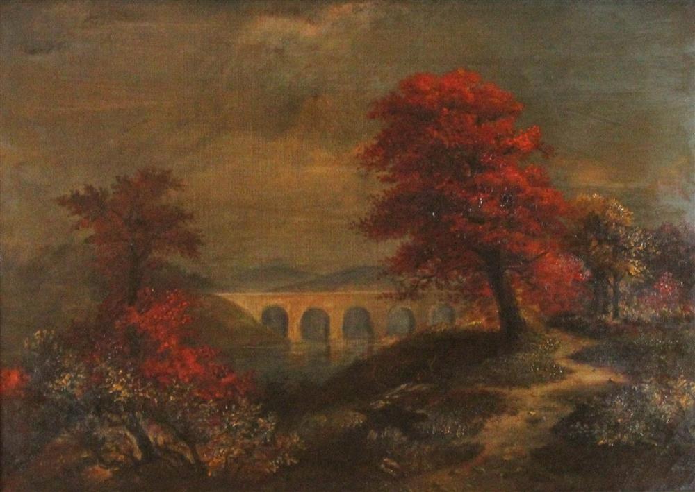 Appraisal: LANDSCAPE WITH BRIDGE and LANDSCAPE WITH WINDMILL Oil on canvas