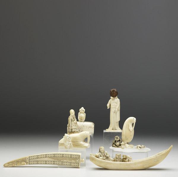 Appraisal: ASIAN IVORY Twelve pieces include cribbage board two netsukes two