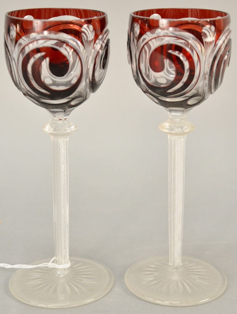 Appraisal: Pair of ruby cut to clear stem glasses with air