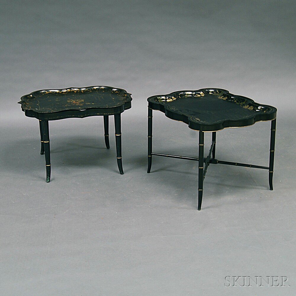 Appraisal: Two Gilt and Lacquered Trays on Stands ht to wd