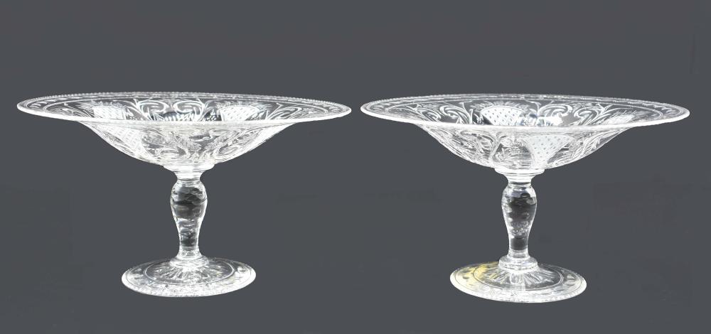 Appraisal: PAIR OF PAIRPOINT ENGRAVED COLORLESS GLASS TAZZAAmerican Late th Century