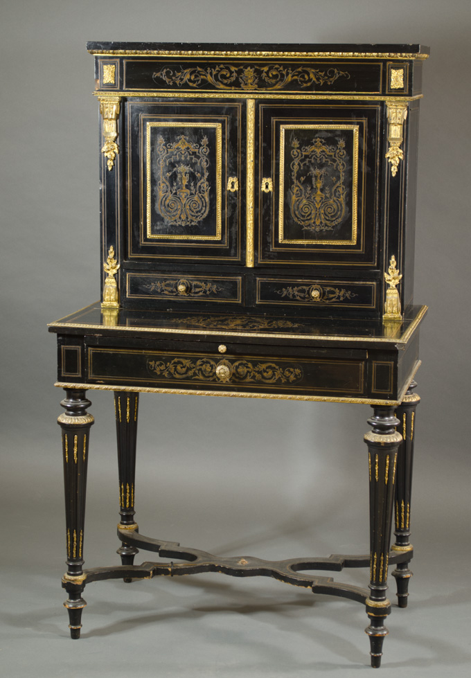 Appraisal: LOUIS XVI STYLE INLAID EBONIZED AND ORMOLU MOUNTED MAHOGANY BONHEUR