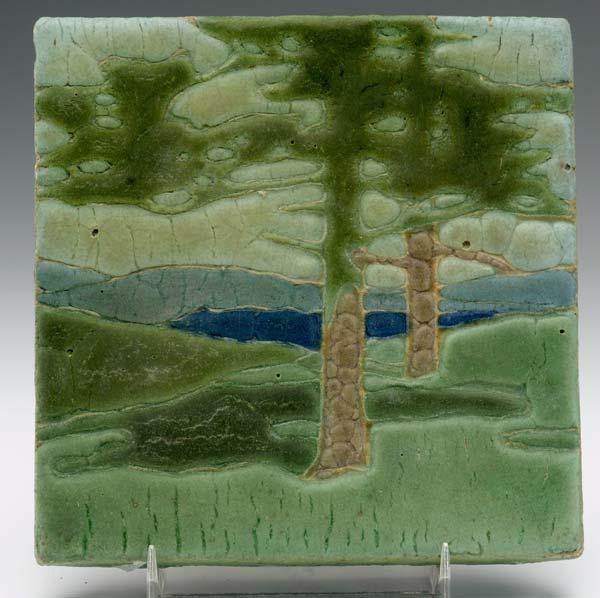 Appraisal: GRUEBY Tile The Pines decorated in cuenca with glazed sides