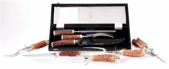 Appraisal: Stag horn carving sets Kirk Matz -piece carving set in