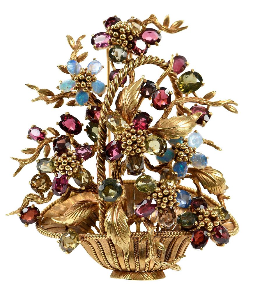 Appraisal: kt Gemstone Brooch large flower basket design assorted cut gemstones