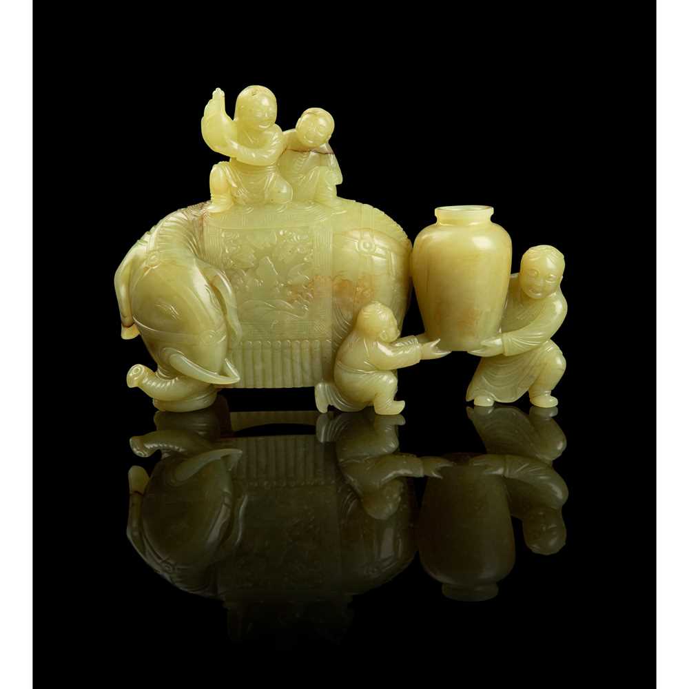 Appraisal: YELLOWISH CELADON JADE CARVING OF ELEPHANT AND BOYS QING DYNASTY