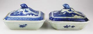 Appraisal: Pair Of Chinese Canton Blue And White Porcelain Covered serving