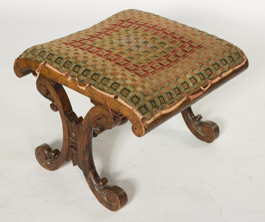 Appraisal: REGENCY ROSEWOOD STOOL the square upholstered seat on a scrolled