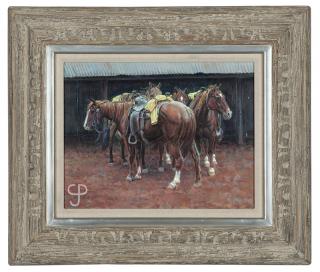 Appraisal: Harold T Holden ''Blowin' In'' four saddled horses with yellow