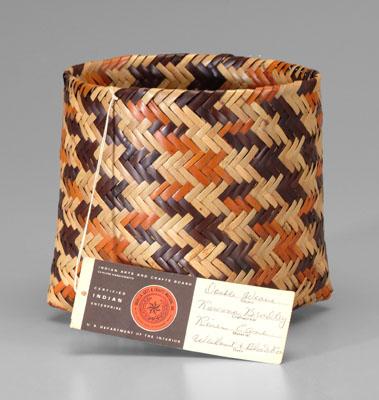 Appraisal: Double-woven river cane basket square-to-round design walnut and bloodroot dyes