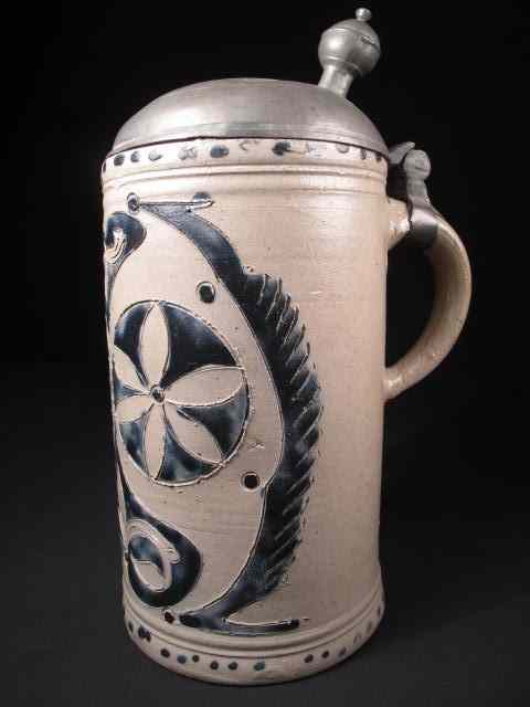 Appraisal: th century salt glazed stoneware pewter beer stein with cobalt