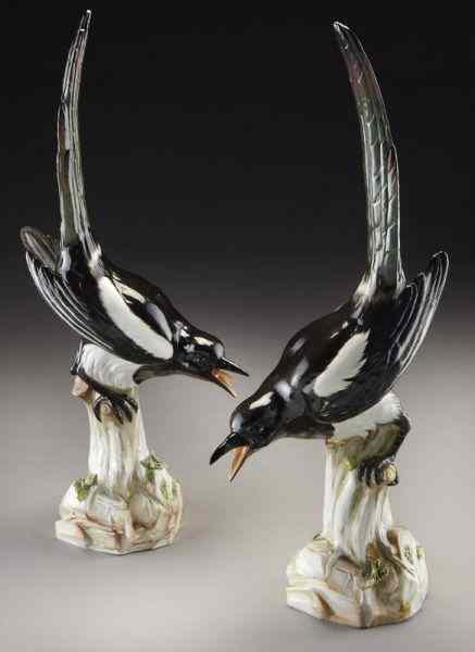 Appraisal: Pr Meissen ''Magpie'' porcelain birdsmodeled perched on a tree branch