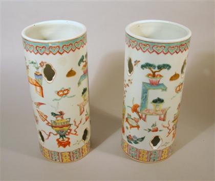 Appraisal: Pair Chinese porcelain hat stands th century Pierced cylindrical stands