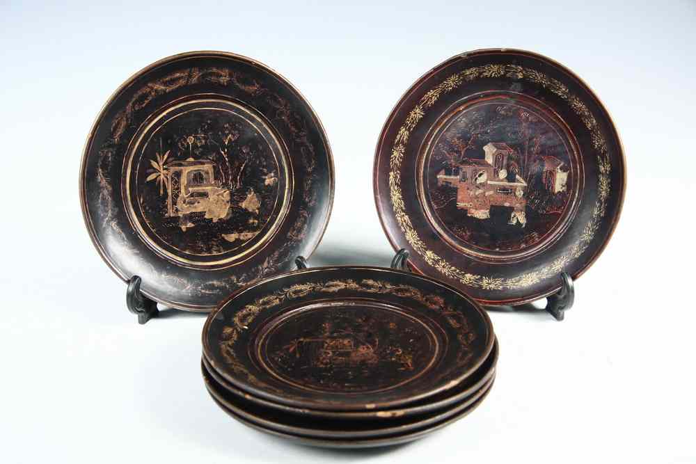 Appraisal: SET ANTIQUE CHINESE LACQUERED PLATES - Shallow Dishes in black