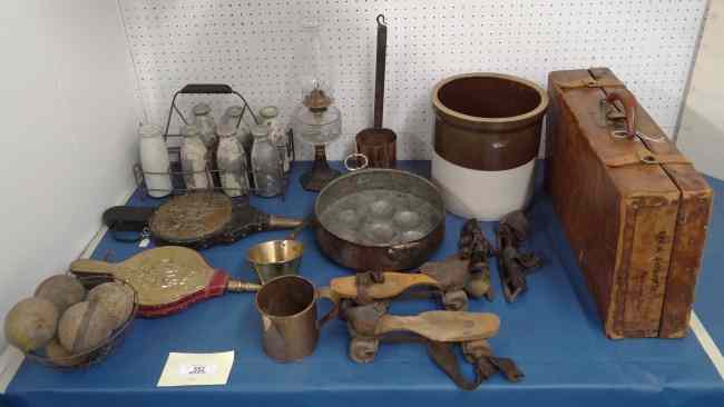 Appraisal: Misc table lot including vintage suitcase crock early utensils early