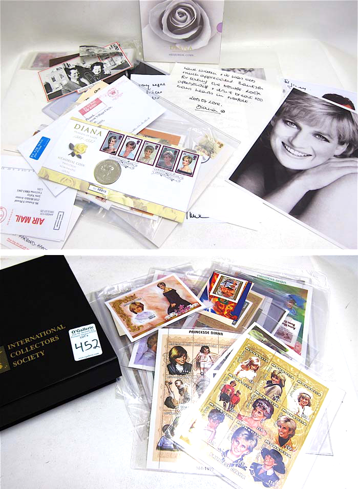 Appraisal: PRINCES DIANA MEMORABILIA including photographs stamps commemorative coins invitations postcards