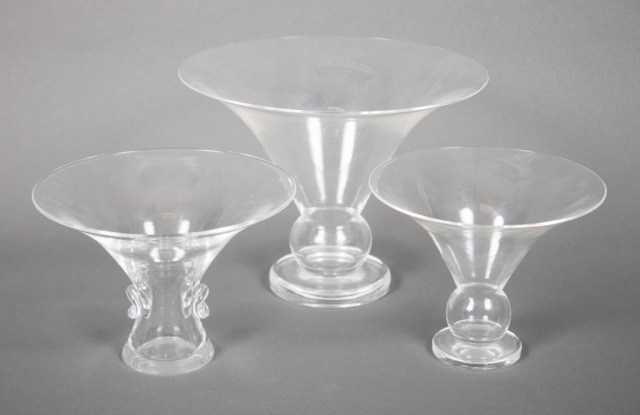 Appraisal: Three Steuben crystal trumpet vases Bouquet vase - designed by