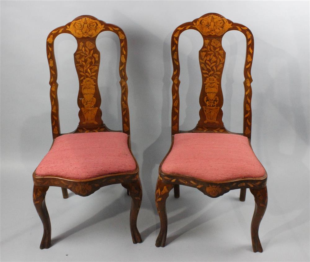 Appraisal: PAIR OF DUTCH QUEEN ANNE STYLE MARQUETRY SIDE CHAIRS each