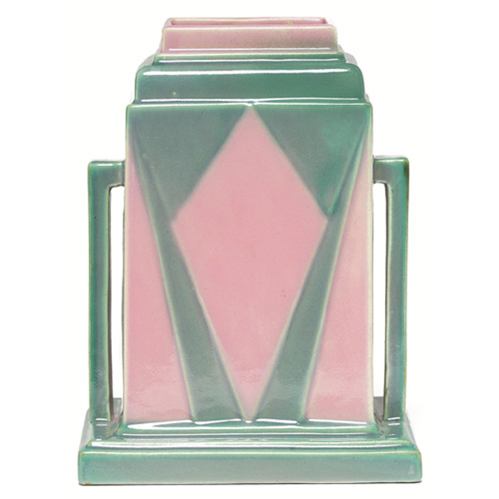 Appraisal: Roseville Futura vase double handled form in green and pink