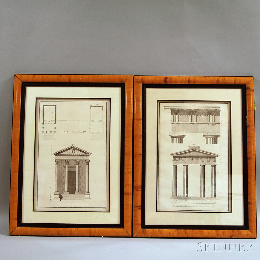 Appraisal: Pair of French Architectural Engravings in Fruitwood Veneer Frames depicting