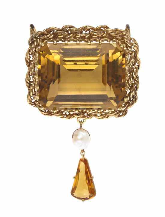 Appraisal: A Karat Yellow Gold Citrine and Pearl Pendant Brooch containing