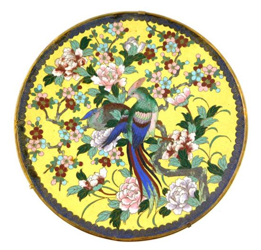 Appraisal: ASIAN Cloisonn charger with yellow ground depicts two multi-colored birds