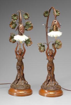 Appraisal: Pair spelterware lamps each with figure of woman with upraised