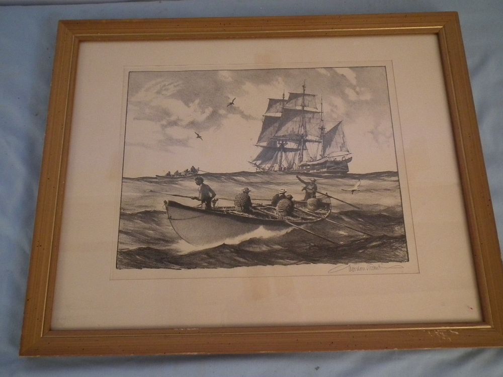 Appraisal: GORDON GRANT WHALING PRINT Old black and white lithograph of