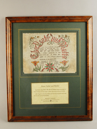 Appraisal: A th C Pennsylvania Dutch Fractur a watercolor birth certificate