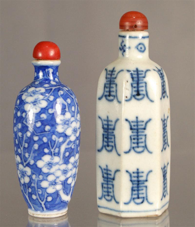 Appraisal: porcelain snuff bottles hexagonal with calligraphy decoration carnelian stopper unmarked