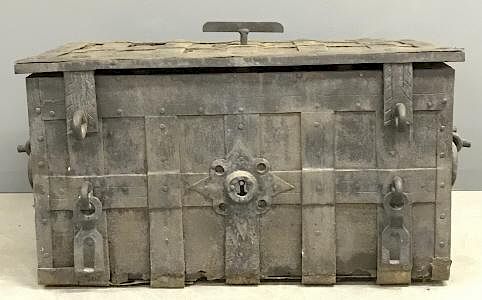 Appraisal: German Wrought Iron Strong Box German wrought iron strong box