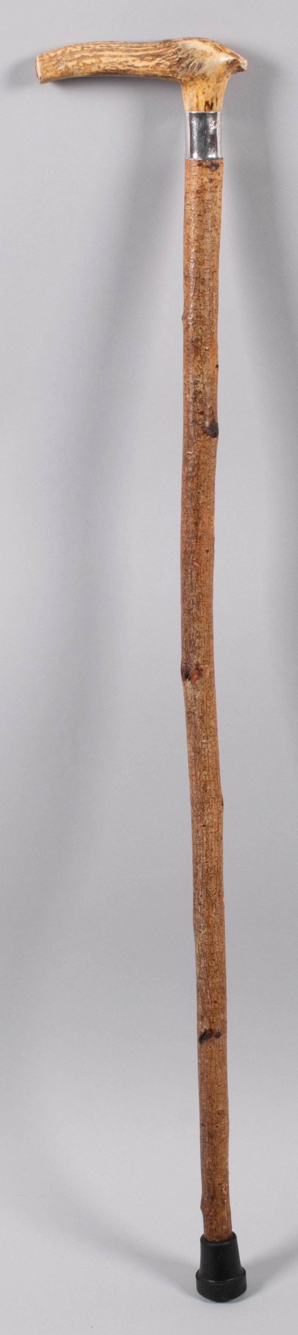 Appraisal: STAGHORN-HANDLED WALKING STICK WITH ENGRAVED SILVER COLLAR 'JOHN W WARNER