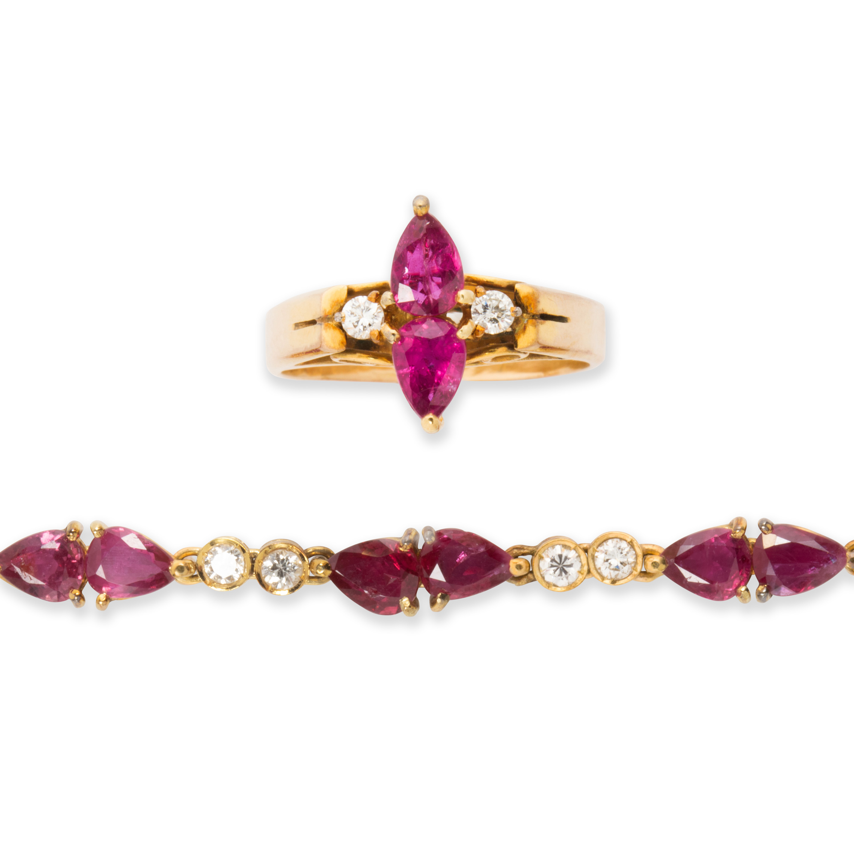 Appraisal: A RUBY DIAMOND AND FOURTEEN KARAT GOLD RING AND BRACELET